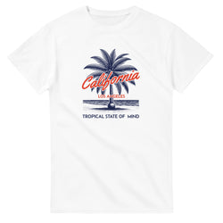 White cotton-blend women's T-shirt with navy palm tree, red California script, Los Angeles, Tropical State of Mind.