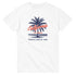White cotton-blend women's T-shirt with navy palm tree, red California script, Los Angeles, Tropical State of Mind.
