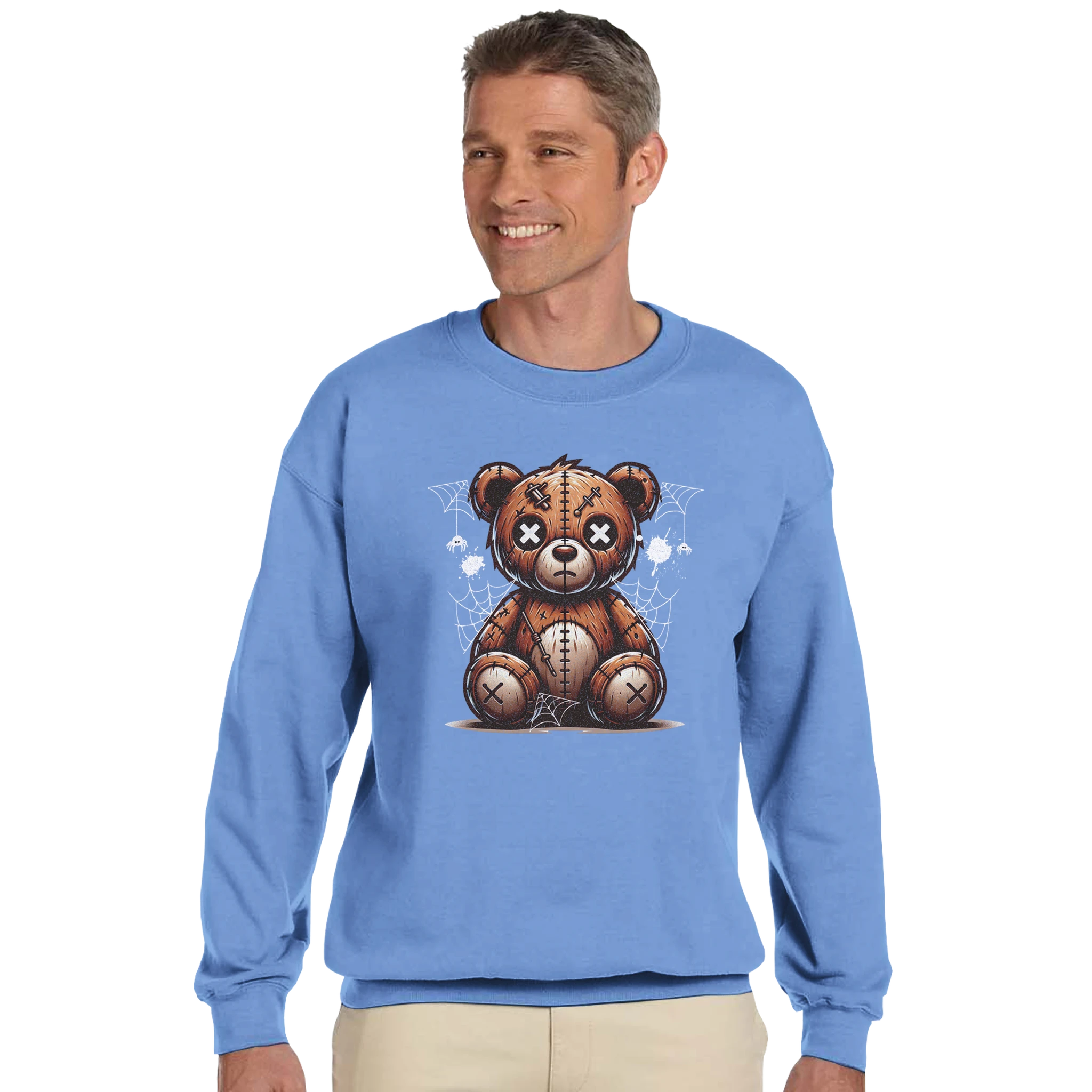 Stressed Teddy Bear Men's Graphic Sweatshirt in blue; heavy-weight cotton-poly blend pullover.