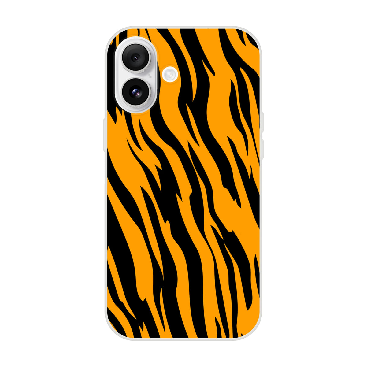 Orange and black tiger print iPhone case for 13-16, slim matte shell with bold animal aesthetic.