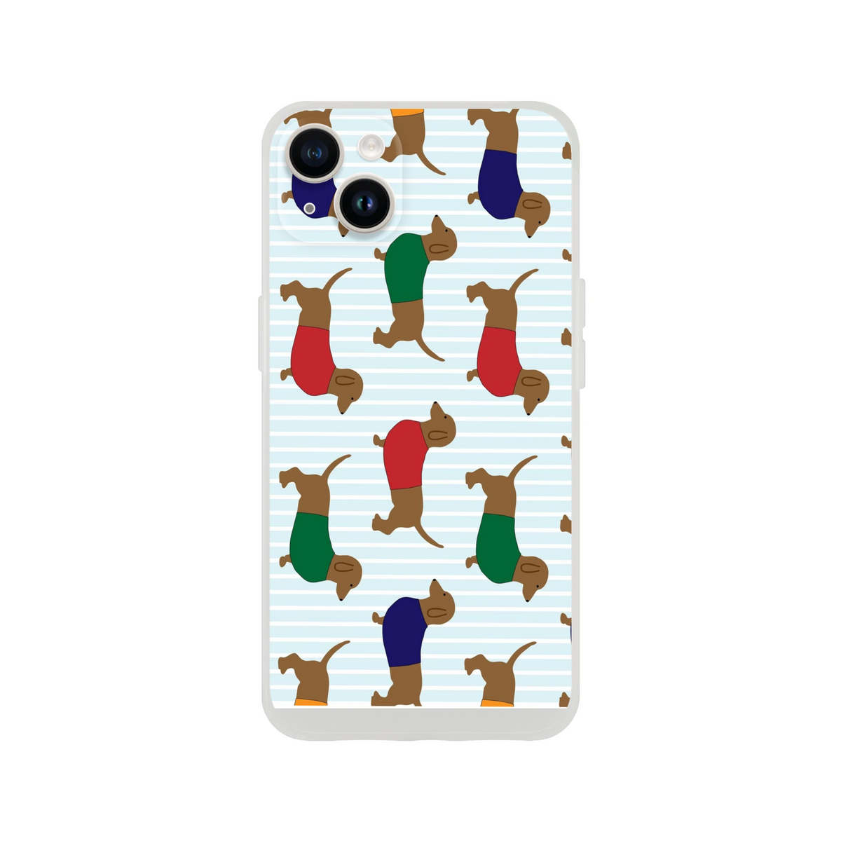 Sausage dog dachshund iPhone case (13-16) with a slim matte shell and dachshund pattern on a striped background.