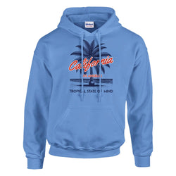 Blue palm tree women's hoodie, soft cotton-blend pullover with palm trees and a California graphic, sizes S-XL.