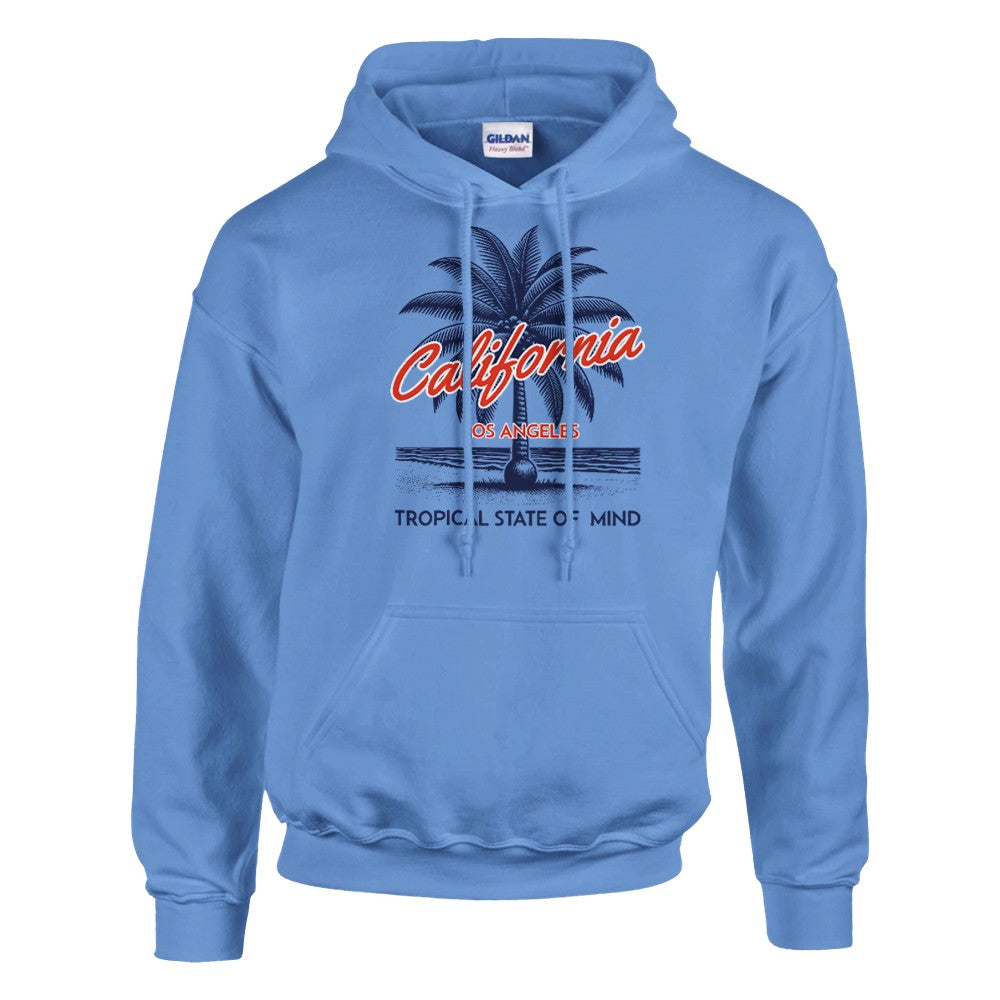 Blue palm tree women's hoodie, soft cotton-blend pullover with palm trees and a California graphic, sizes S-XL.
