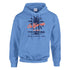 Blue palm tree women's hoodie, soft cotton-blend pullover with palm trees and a California graphic, sizes S-XL.