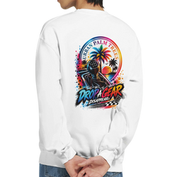 White sweatshirt back featuring colorful "Drop A Gear" graphic with manual shifter, palm trees, and retro sunset design.