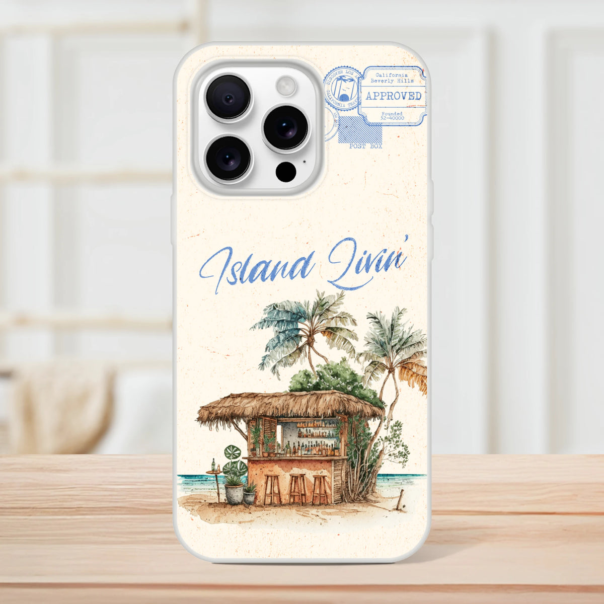 Vintage postcard-style iPhone case with island palm trees and thatched hut for iPhone 13–16