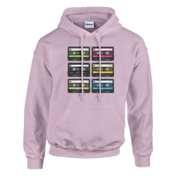 Pink pullover hoodie featuring six retro cassette tapes in green, pink, black, yellow, beige, and blue. Vintage 90s music graphic design.