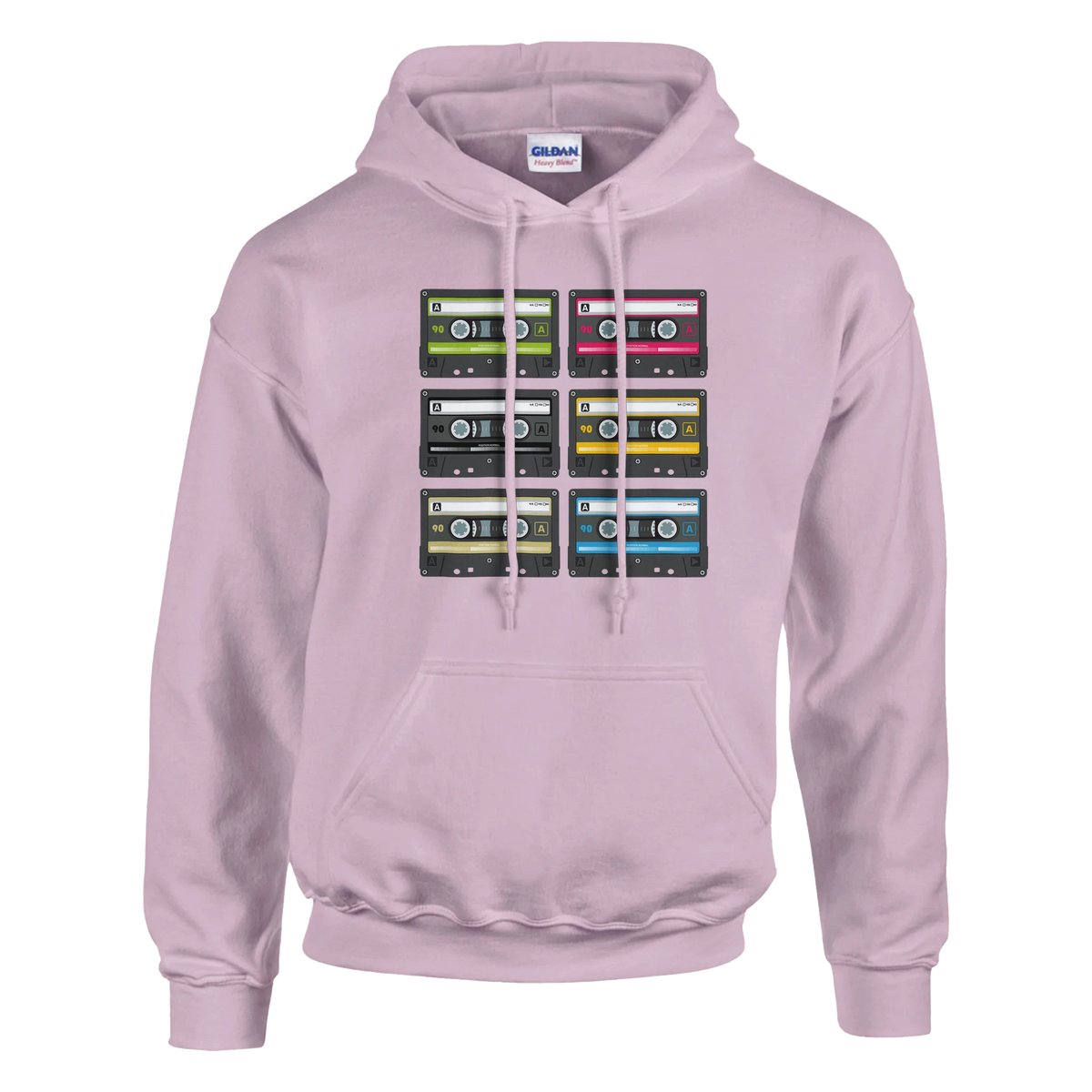 Pink pullover hoodie featuring six retro cassette tapes in green, pink, black, yellow, beige, and blue. Vintage 90s music graphic design.