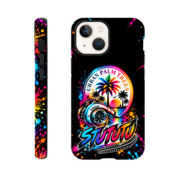 Turbo Petrolhead iPhone case featuring colorful turbocharger, Urban Palm Trees sunset graphic, and neon paint splatters on black.