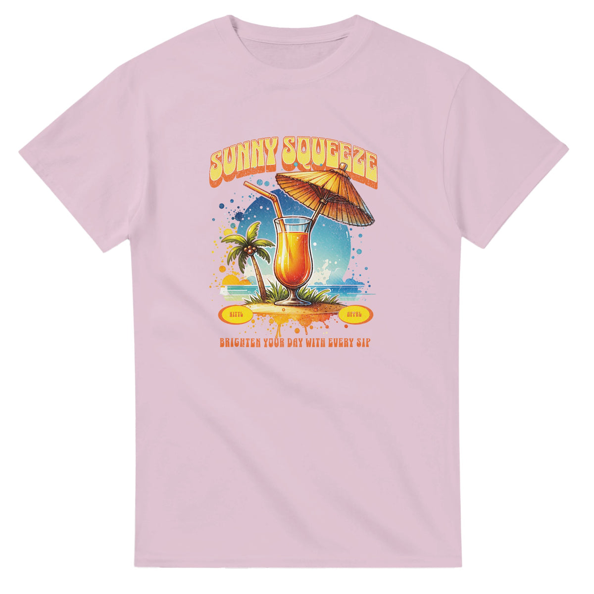 Pink cotton-blend women's tee with Sunny Squeeze tropical cocktail graphic, palm trees and umbrella.