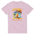 Pink cotton-blend women's tee with Sunny Squeeze tropical cocktail graphic, palm trees and umbrella.