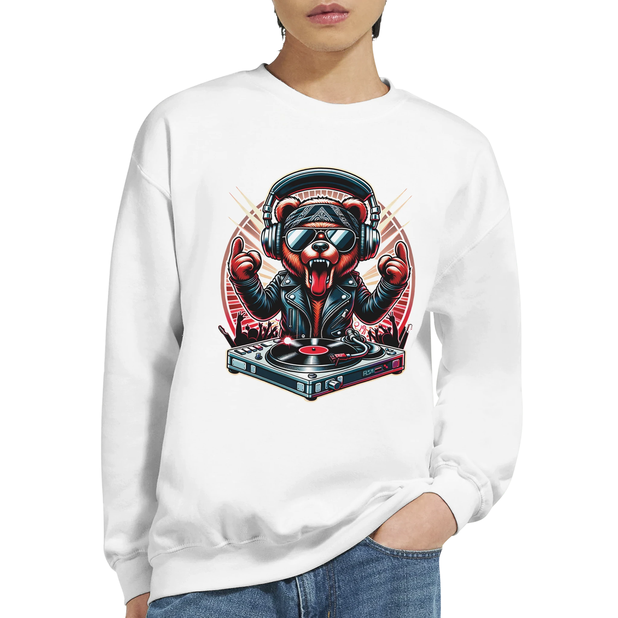 White cotton-blend Teddy Bear graphic sweatshirt with bear wearing sunglasses, leather jacket at a DJ turntable