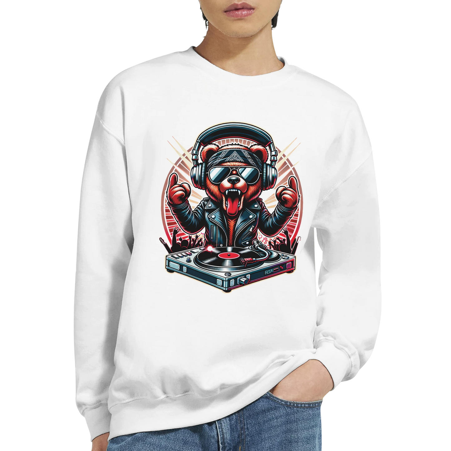 White men's graphic sweatshirt with a bear DJ graphic on a white background