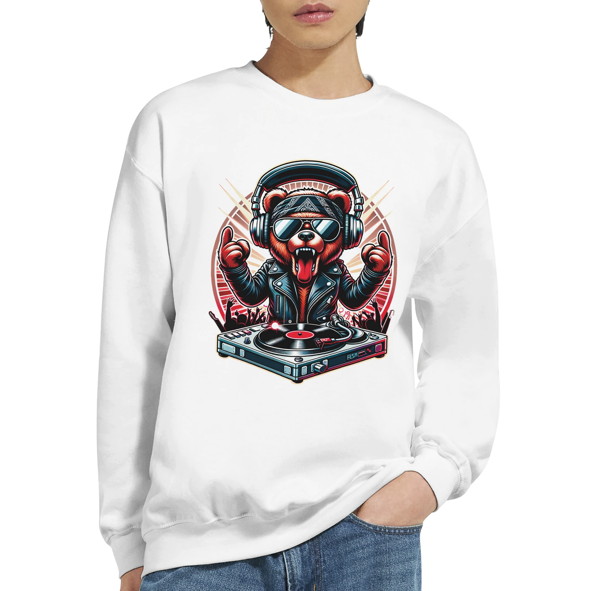 White men's graphic sweatshirt with a bear DJ graphic on a white background