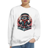 White cotton-blend Teddy Bear graphic sweatshirt with bear wearing sunglasses, leather jacket at a DJ turntable