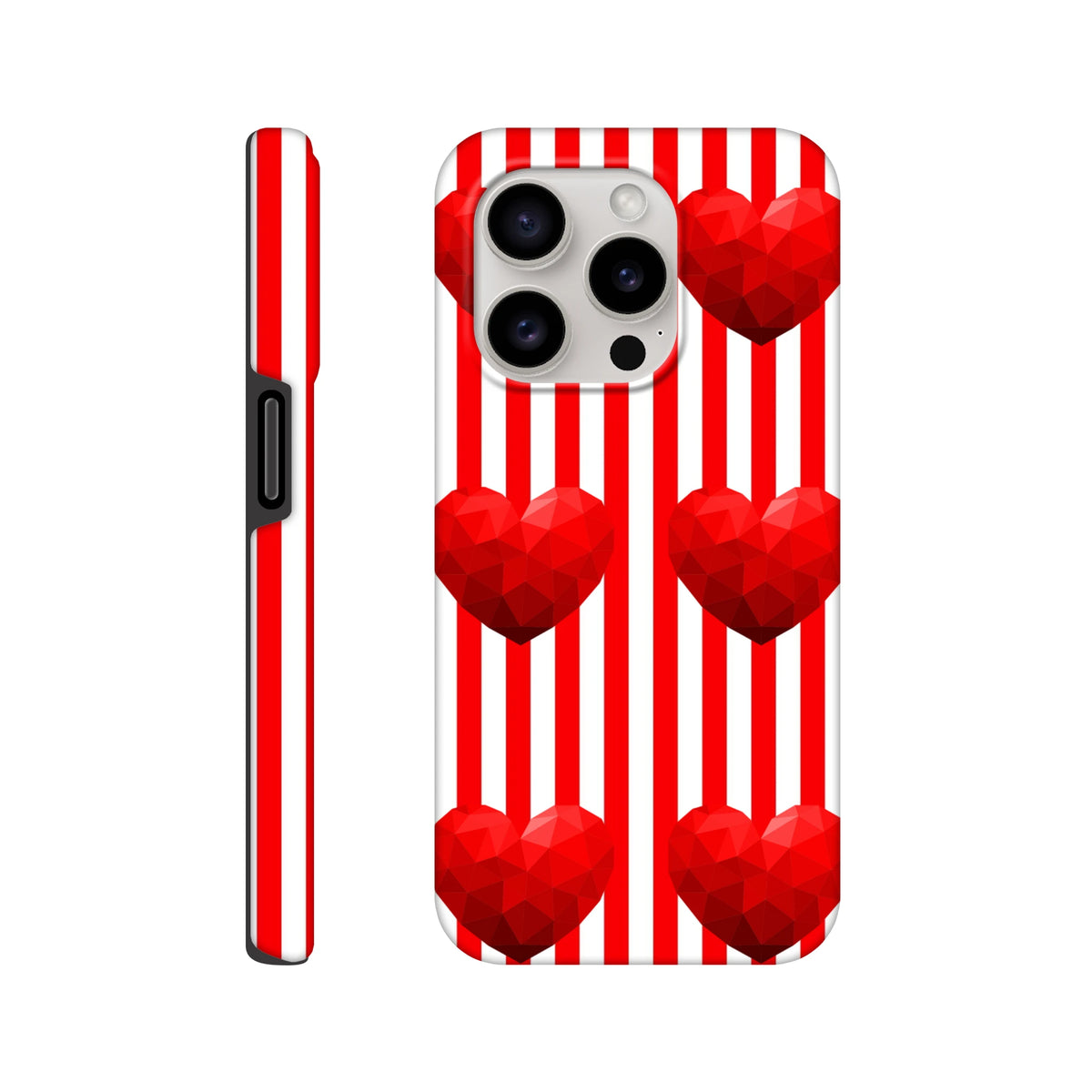 Red and white vertical striped iPhone case featuring faceted low-poly red hearts, offering retro streetwear style and tough protection.