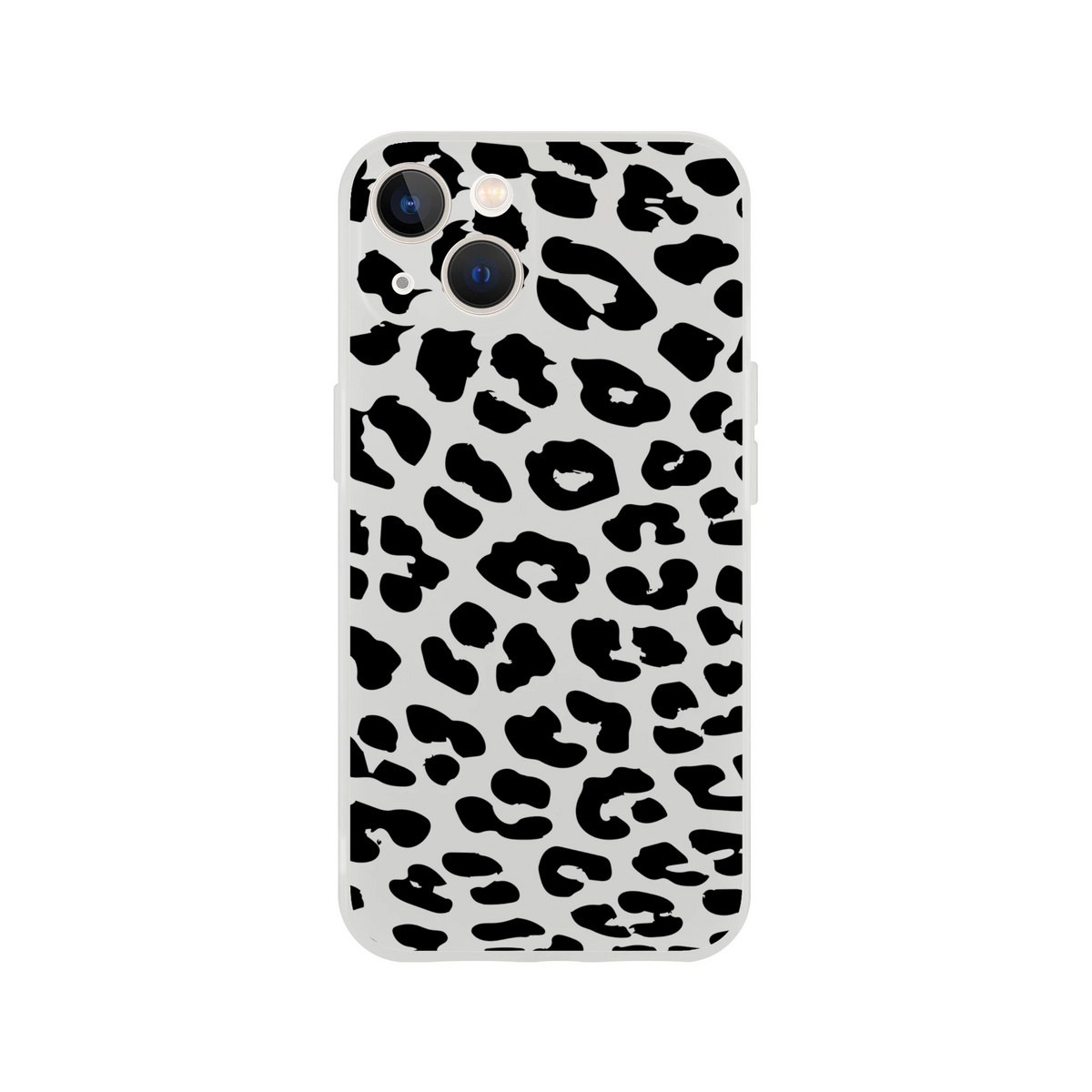 Retro Snow Leopard iPhone case with black leopard spots on light gray, animal aesthetic.
