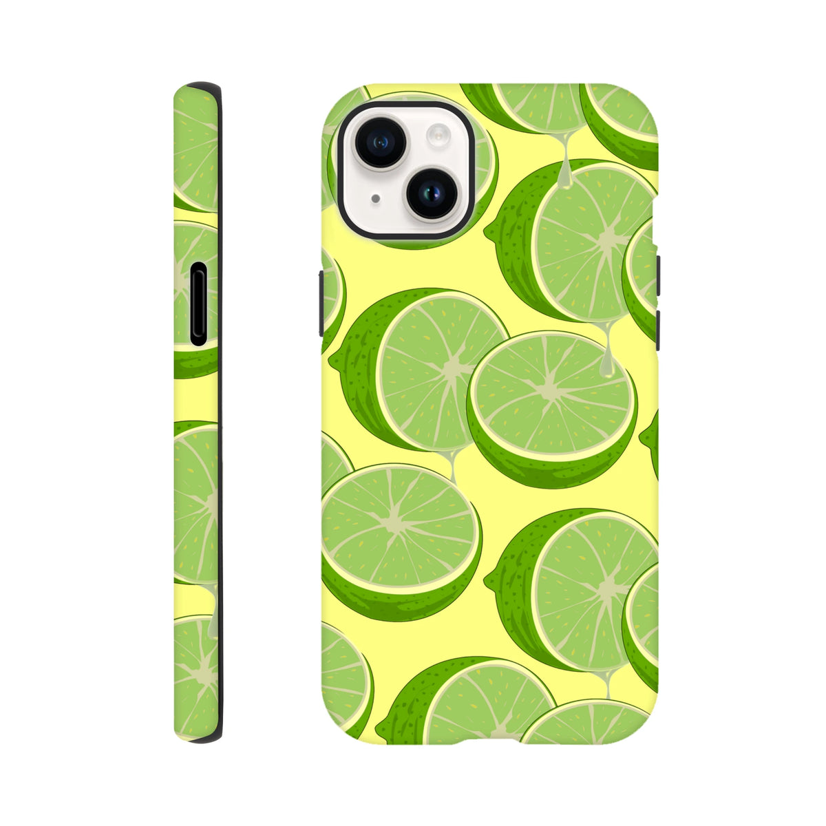 Vibrant green lime slice pattern phone case on a yellow background. Protective citrus cover for iPhone 13-16 featuring fresh fruit graphics.