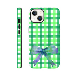 Green gingham iPhone case with a blue polka dot coquette bow. Tough protective phone cover featuring a wraparound check print