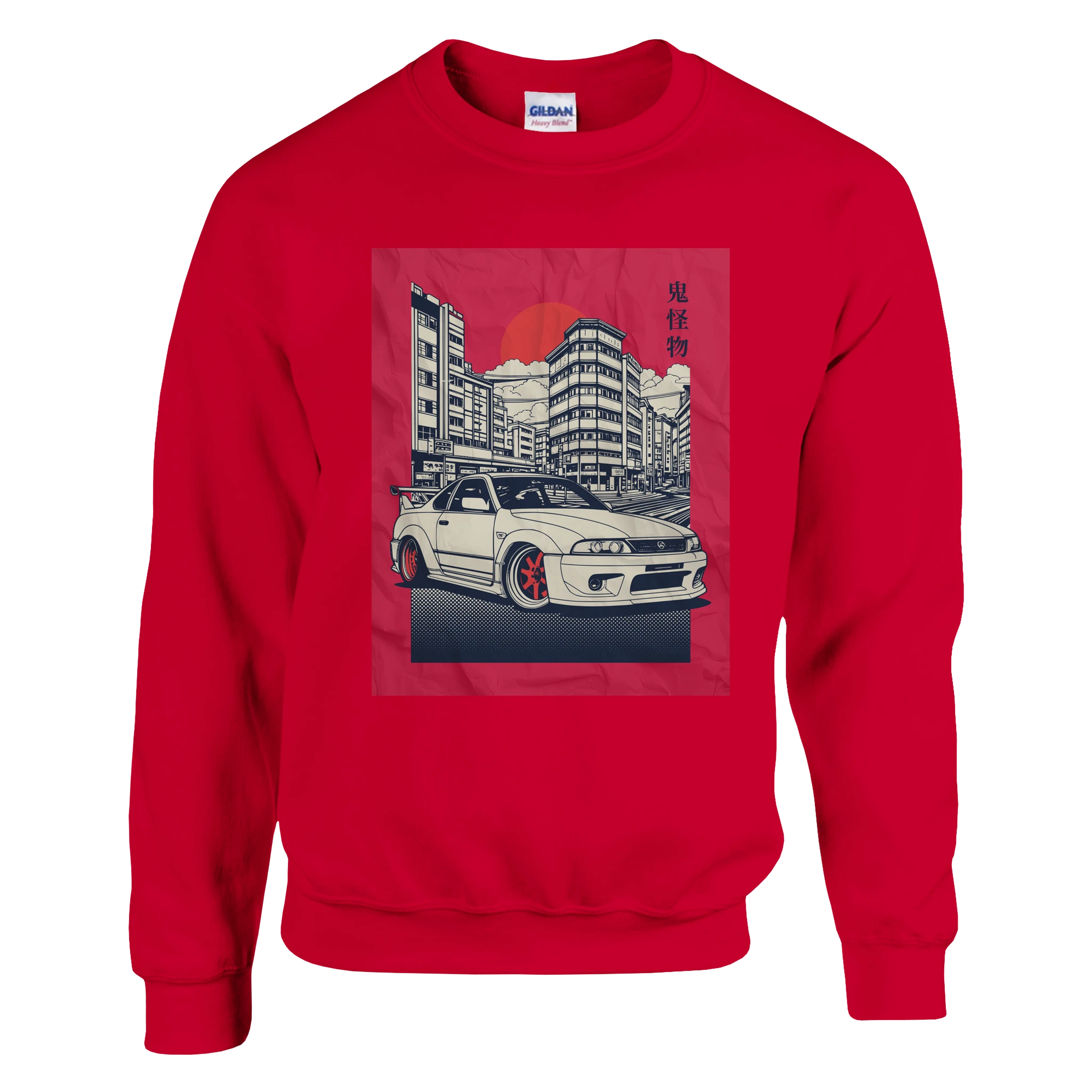 Car Jumper JDM sweatshirt in red, featuring a white sports car in a cityscape with a red sun and Japanese text.