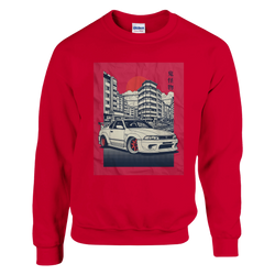 Car Jumper JDM sweatshirt in red, featuring a white sports car in a cityscape with a red sun and Japanese text.