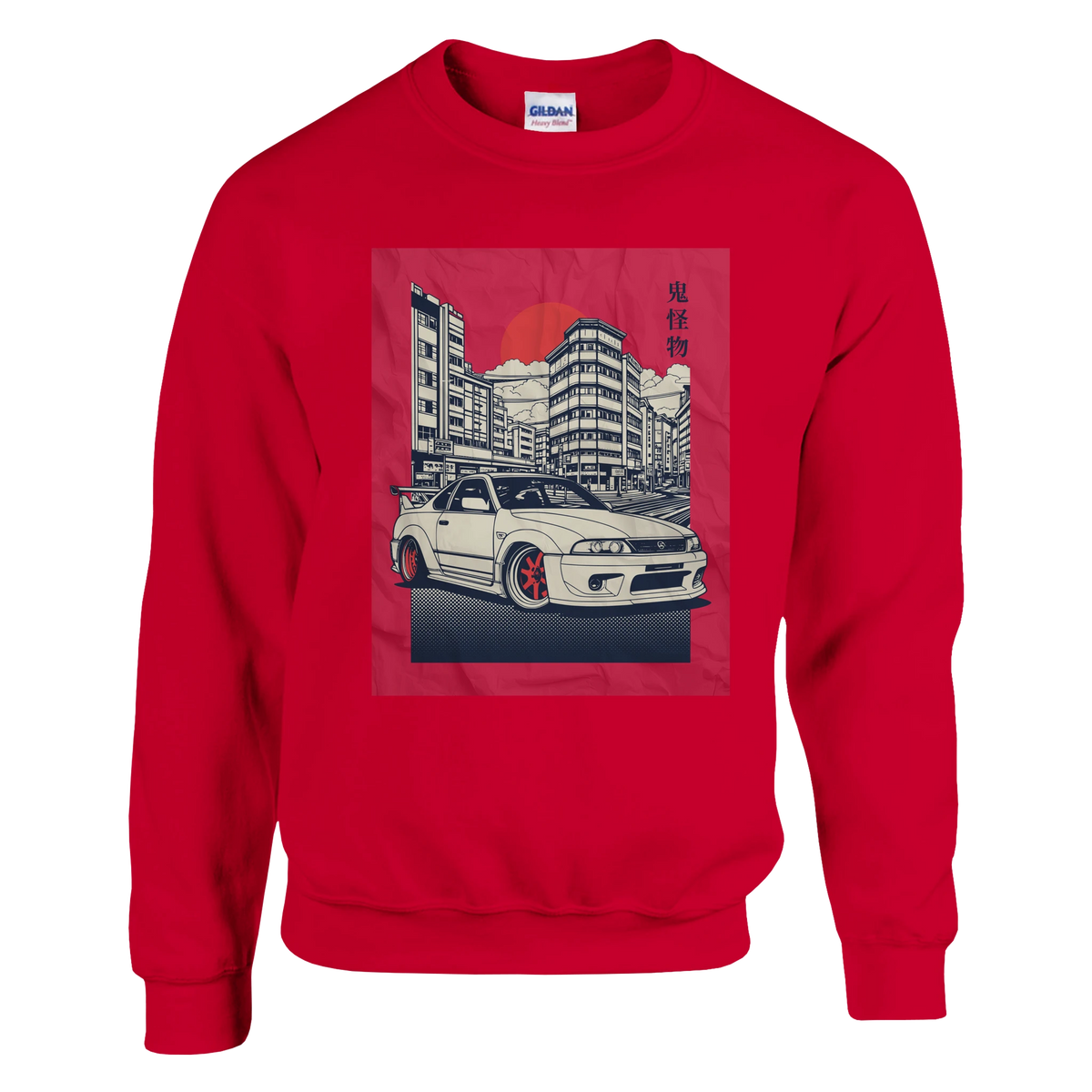 Car Jumper JDM sweatshirt in red, featuring a white sports car in a cityscape with a red sun and Japanese text.