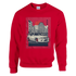 Car Jumper JDM sweatshirt in red, featuring a white sports car in a cityscape with a red sun and Japanese text.