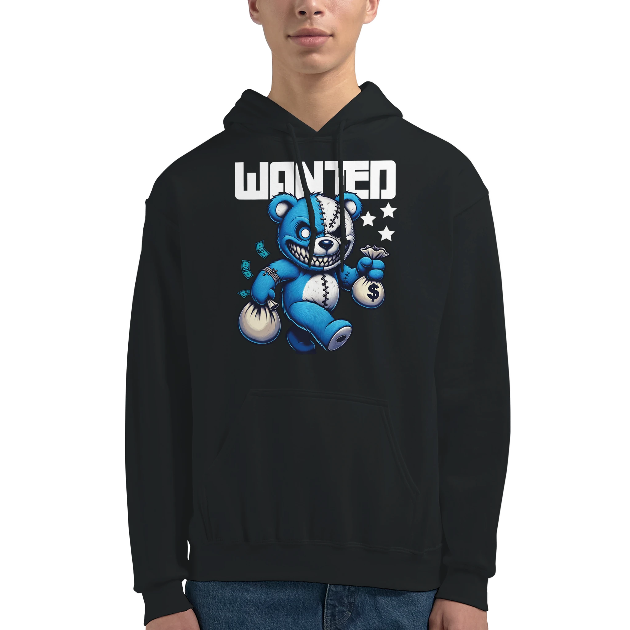 Black men's Wanted Teddy Bear Hoodie featuring a blue teddy bear with stitched eye patch, money bags, and 'WANTED'.