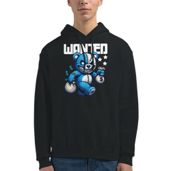 Black men's Wanted Teddy Bear Hoodie featuring a blue teddy bear with stitched eye patch, money bags, and 'WANTED'.