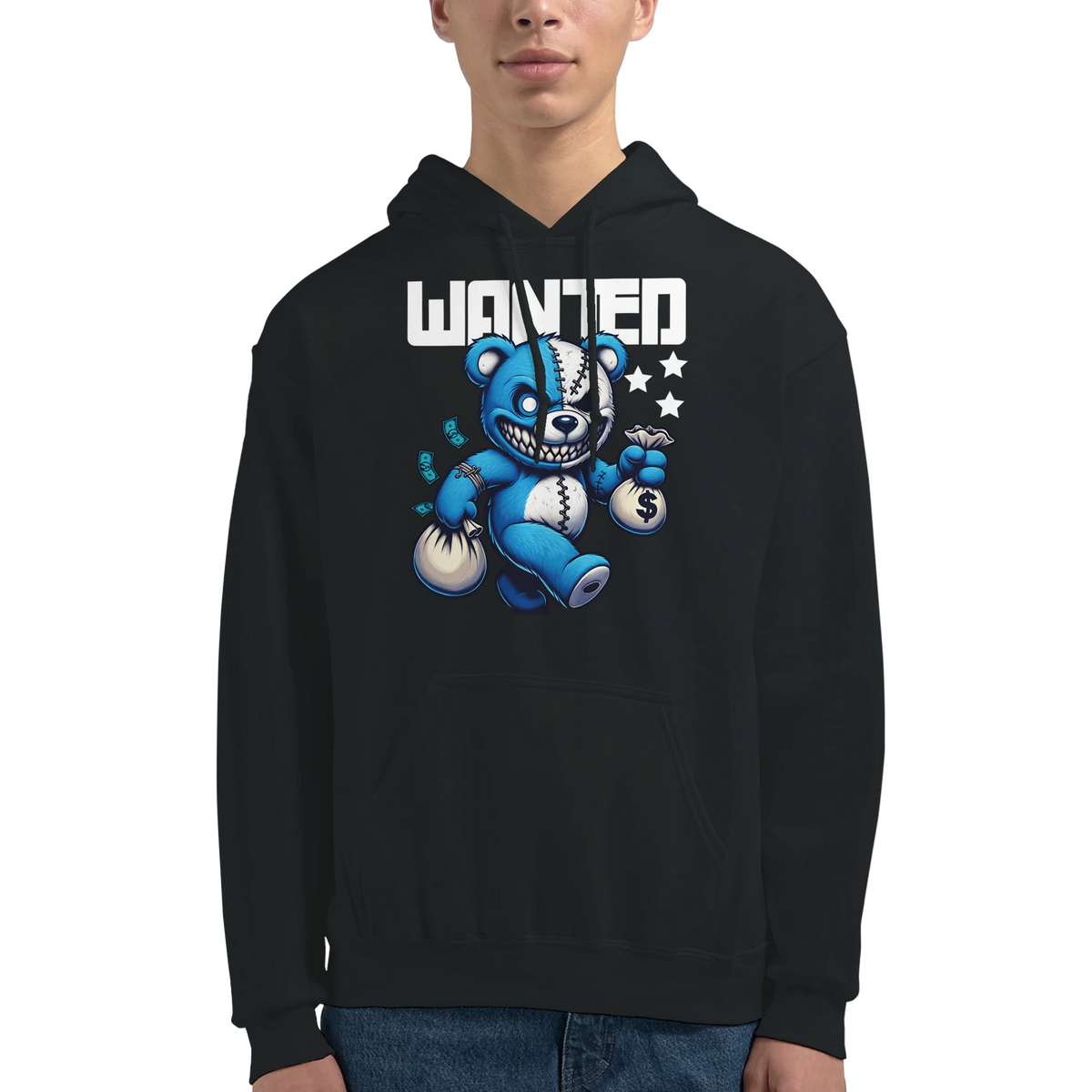 Black men's Wanted Teddy Bear Hoodie featuring a blue teddy bear with stitched eye patch, money bags, and 'WANTED'.
