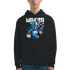 Black men's Wanted Teddy Bear Hoodie featuring a blue teddy bear with stitched eye patch, money bags, and 'WANTED'.