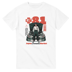 Retro JDM men's graphic tee featuring anime character, modified car, and red +81 text. Vintage streetwear aesthetic.