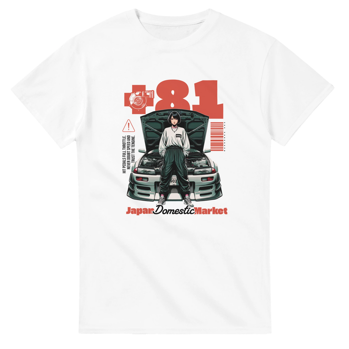 Retro JDM men's graphic tee featuring anime character, modified car, and red +81 text. Vintage streetwear aesthetic.