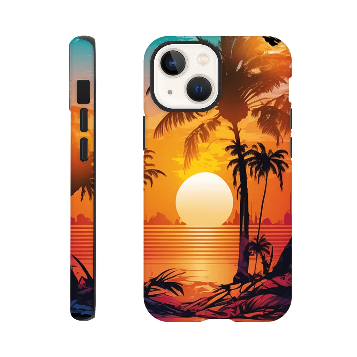 Retro tropical sunset iPhone case featuring palm tree silhouettes and orange gradient sky. Durable beach phone cover for iPhone 13-16.