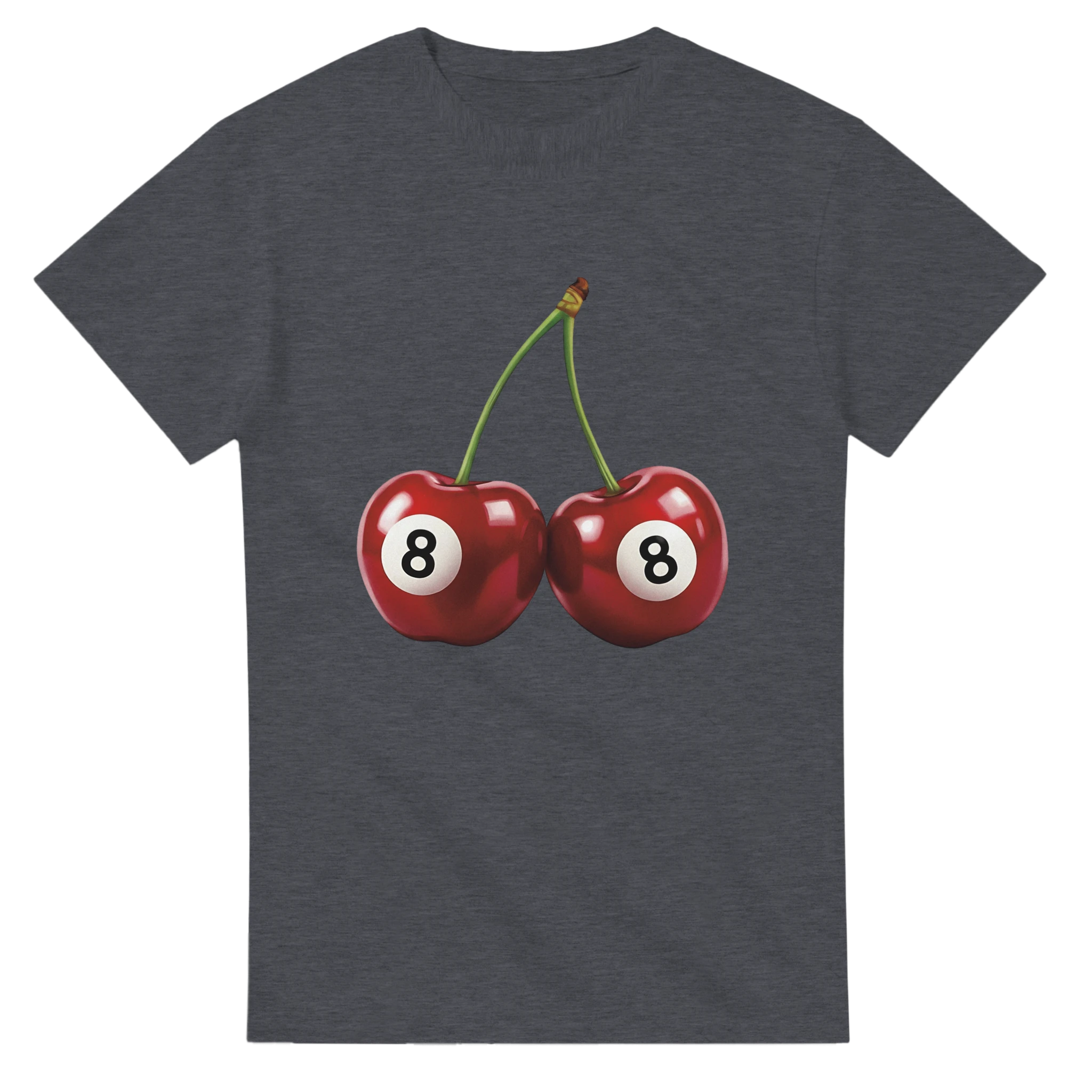Lucky Cherries women's graphic tee on dark gray, twin cherries with 8s on white circles