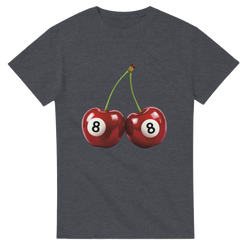 Lucky Cherries women's graphic tee on dark gray, twin cherries with 8s on white circles