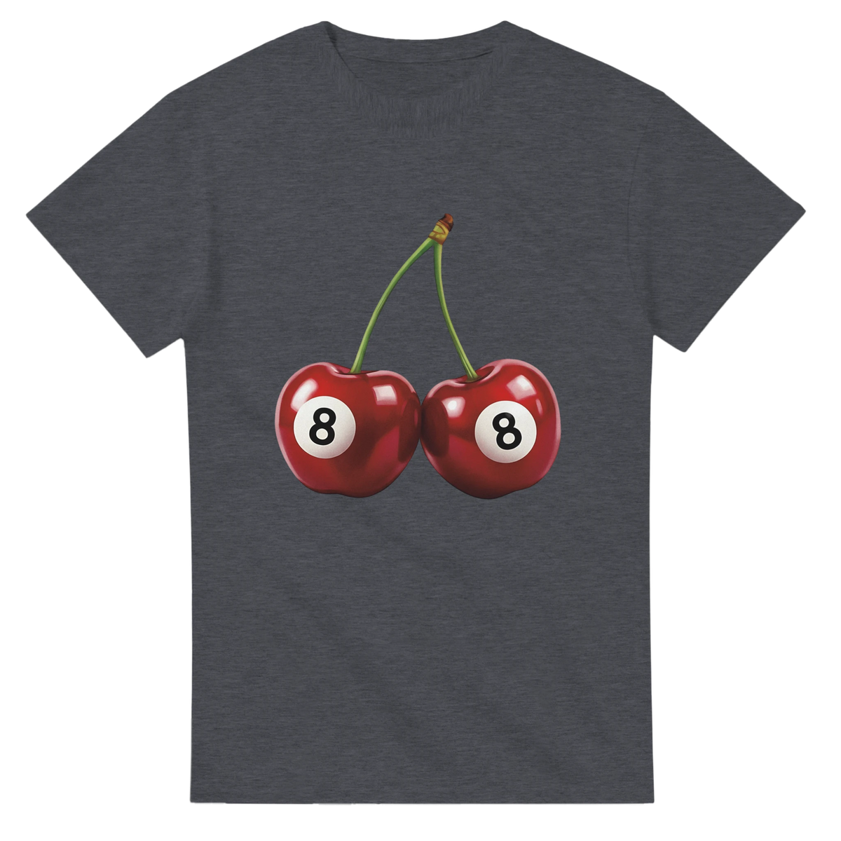 Lucky Cherries women's graphic tee on dark gray, twin cherries with 8s on white circles