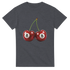 Lucky Cherries women's graphic tee on dark gray, twin cherries with 8s on white circles