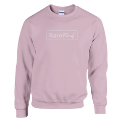 Pastel pink women's Cozy Slogan sweatshirt with a white bordered RareFind logo on the chest.