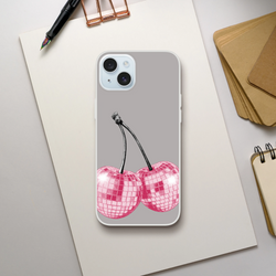 Y2K glitter cherries iPhone case with gray matte back, black stem graphic, and pink grid-heart accents