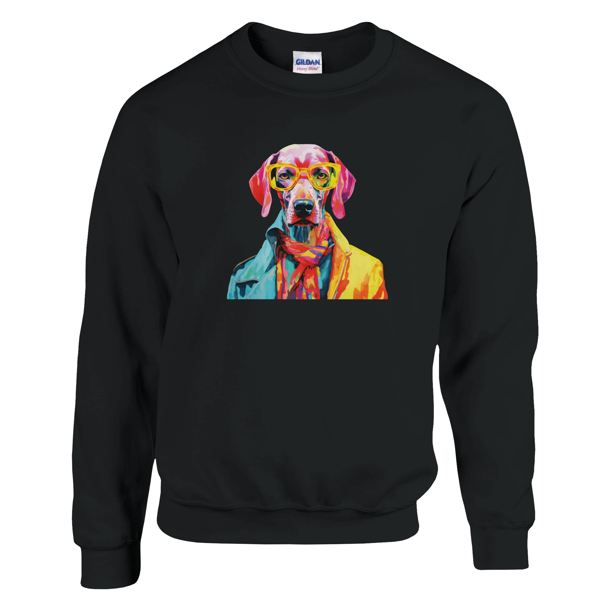 Colorful pop-art dog graphic wearing yellow glasses on a black sweatshirt.