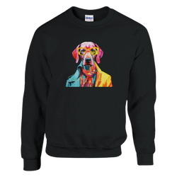 Colorful pop-art dog graphic wearing yellow glasses on a black sweatshirt.