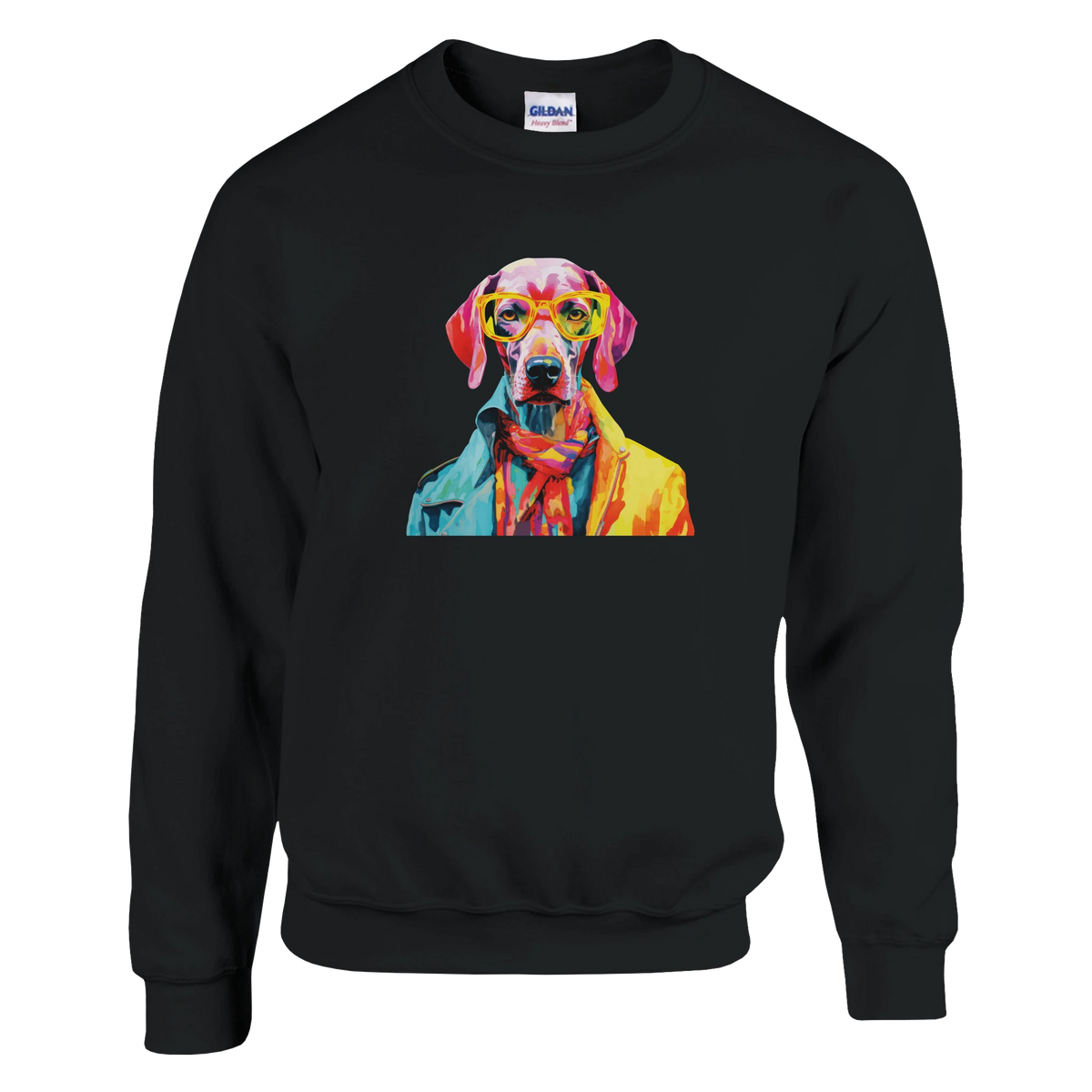 Colorful pop-art dog graphic wearing yellow glasses on a black sweatshirt.