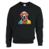 Colorful pop-art dog graphic wearing yellow glasses on a black sweatshirt.