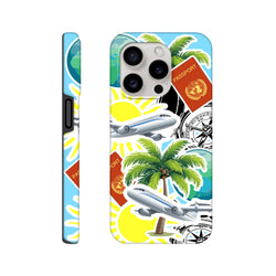 Tough travel iPhone case featuring passport, airplane, palm tree, and compass sticker collage design for island vibes.