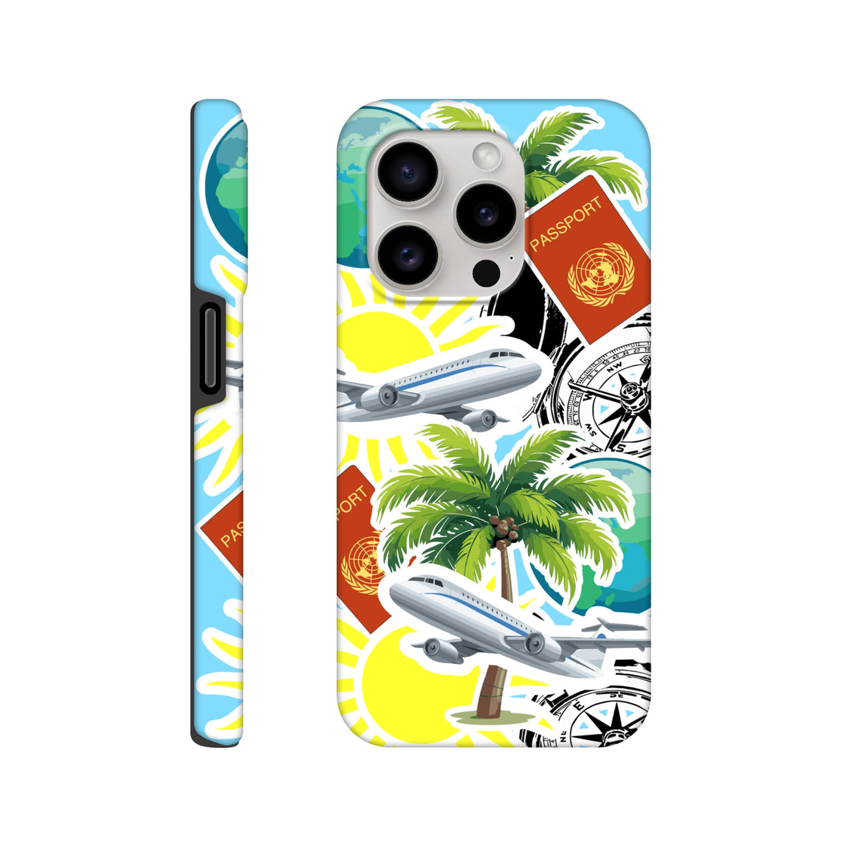 Tough travel iPhone case featuring passport, airplane, palm tree, and compass sticker collage design for island vibes.