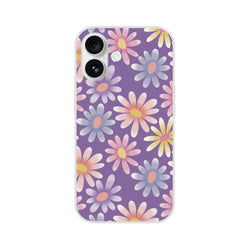 Retro pastel daisy iPhone case for 13-16 with purple background and pink, yellow, lavender daisies; slim matte finish.