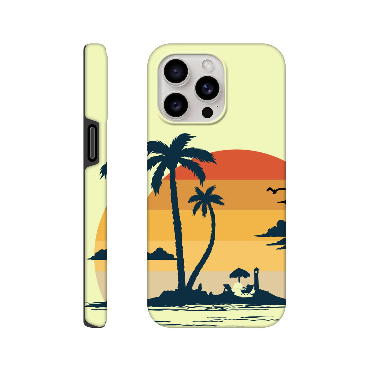 Retro tropical sunset iPhone case with palm tree silhouettes, lighthouse, and beach chairs. Tough shock-absorbing beach cover for drop protection.