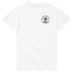 White crew neck t-shirt featuring a colorful circular Urban Palm Trees graphic on the chest.