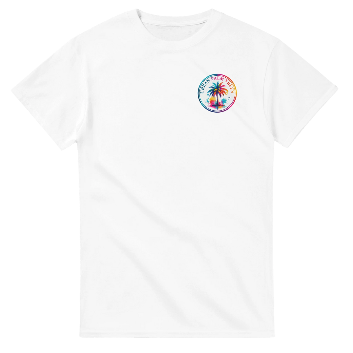 White crew neck t-shirt featuring a colorful circular Urban Palm Trees graphic on the chest.